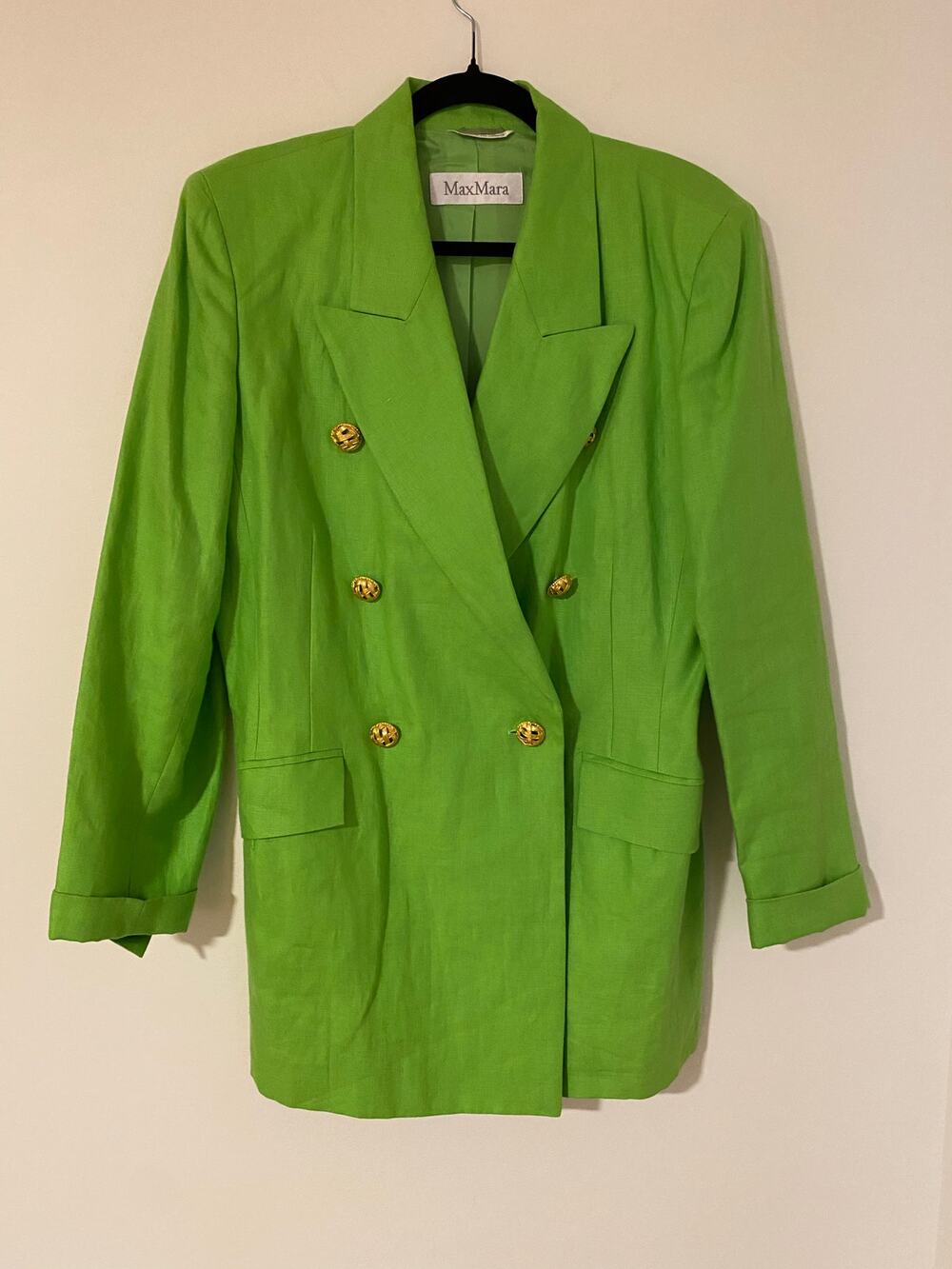 VTG Max Mara Lime Green Double Breasted Blazer Gold Buttons Big Collar USA 10